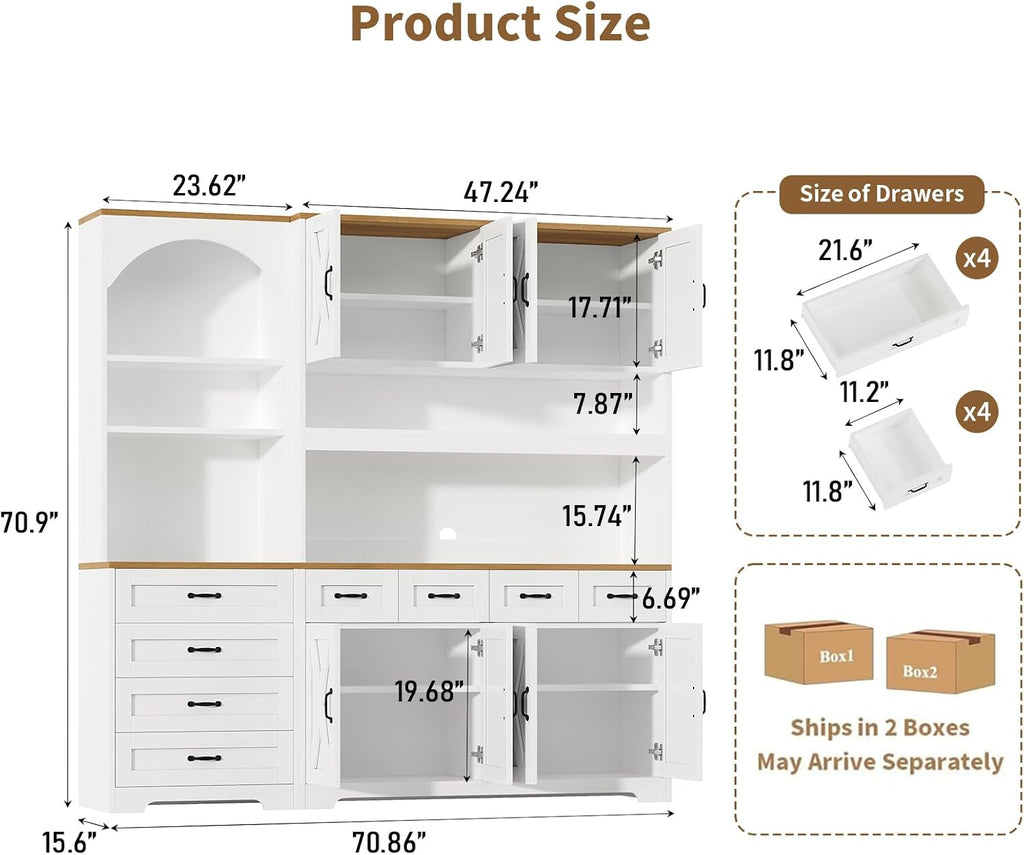 Kitchen Pantry Cabinet with 8 Drawers & Arched Open Shelf, Tall Farmhouse Storage Cabinet with Charging Station & RGB LED Light, Coffee Bar Cabinet for Dining Room, White