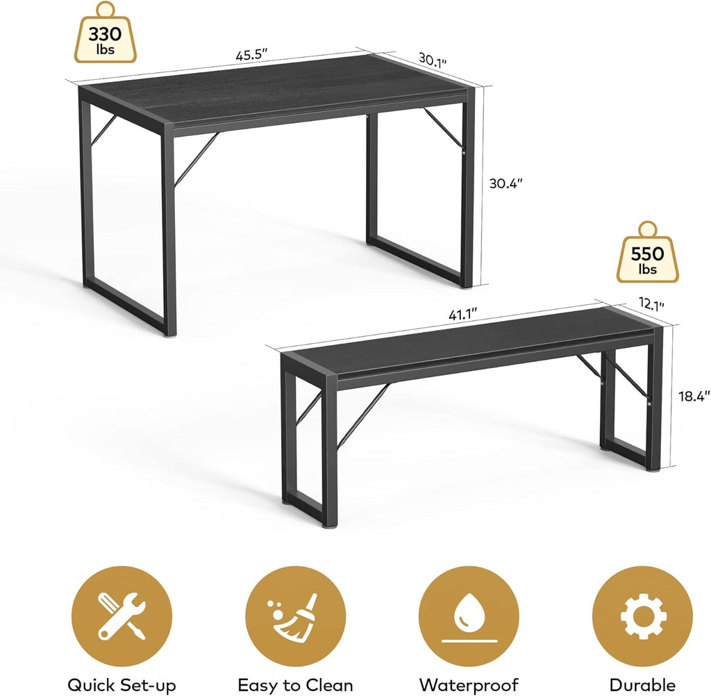 Gizoon 45.5" Dining Table Set for 4, Kitchen Table with 2 Benches Black | Space-saving black 4-person table set with 2 benches. Steel frame & MDF board. Benches tuck under table. 330lbs capacity.
