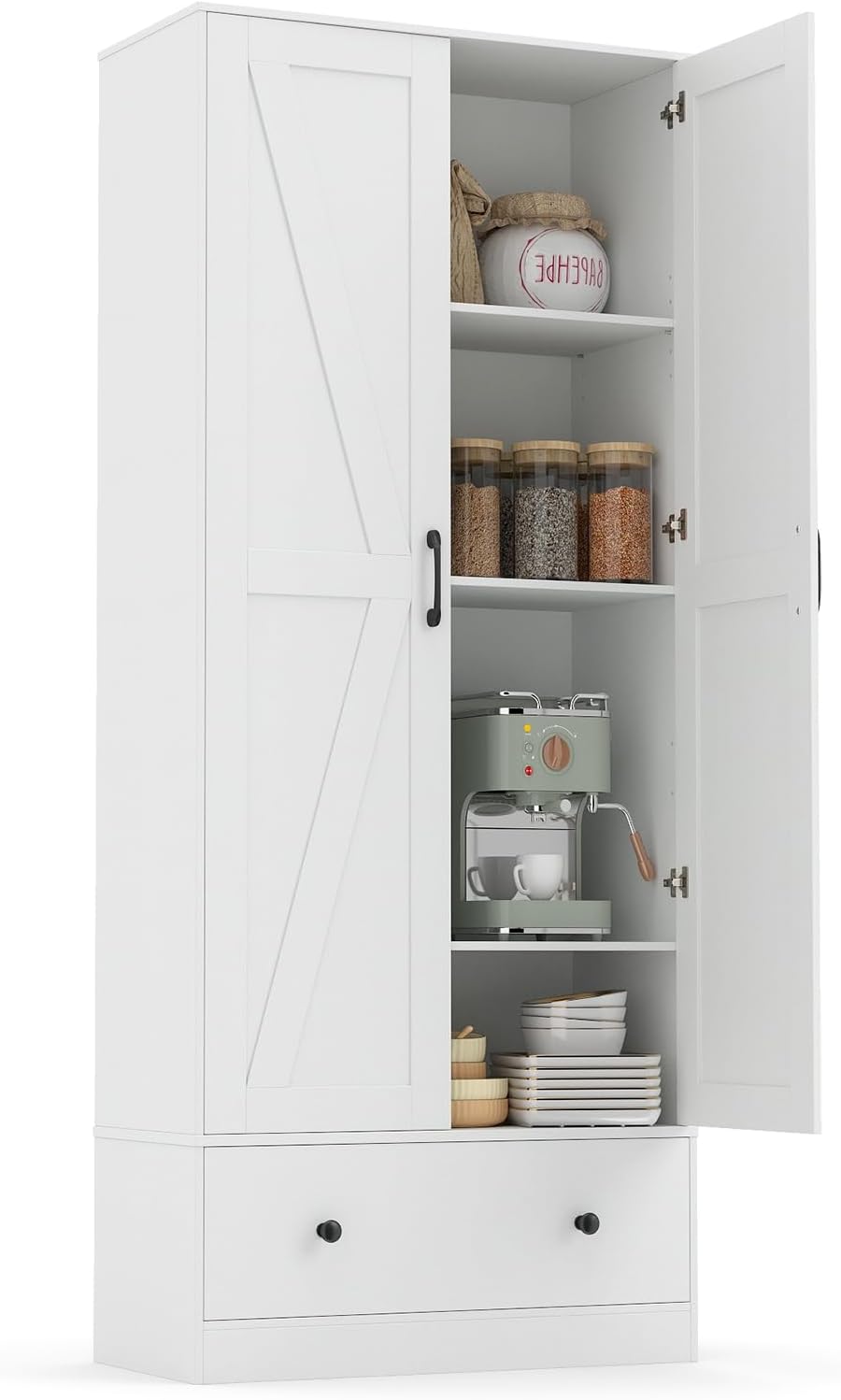 Giantex 72" Tall Kitchen Pantry Cabinet, Farmhouse Wooden Cupboard w/ 2 Doors, Drawer & Adjustable Shelves, Freestanding Versatile Storage Cabinet for Dining Room Living Room Bathroom (White)