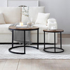Nesting Coffee Table Set of 2, Steel Frame Circular Round Table Set, Modern Round Side Table with Non-Slip feet, Faux Marble End Tables for Living Room, Bedroom, Balcony (Walnut)