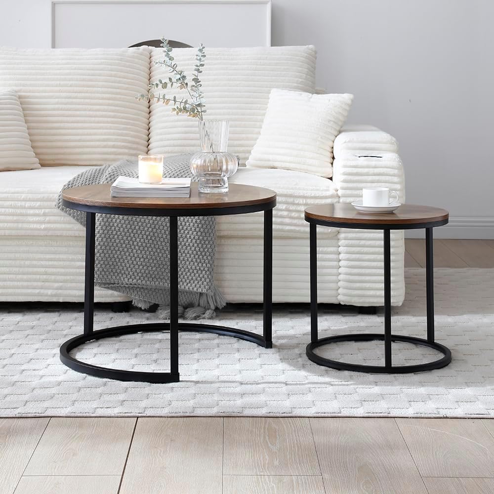 Nesting Coffee Table Set of 2, Steel Frame Circular Round Table Set, Modern Round Side Table with Non-Slip feet, Faux Marble End Tables for Living Room, Bedroom, Balcony (Walnut)