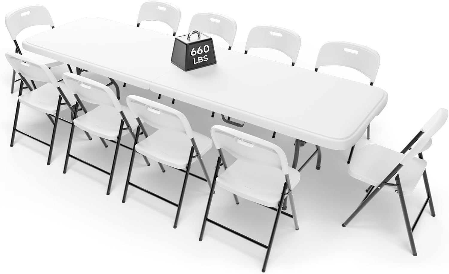 8FT Folding Table Set with 10 Folding Chairs, Heavy Duty 660 lbs Table & 600 lbs Chairs, Portable Folding Furniture Bundle for Camping, Party, Indoor & Outdoor Use