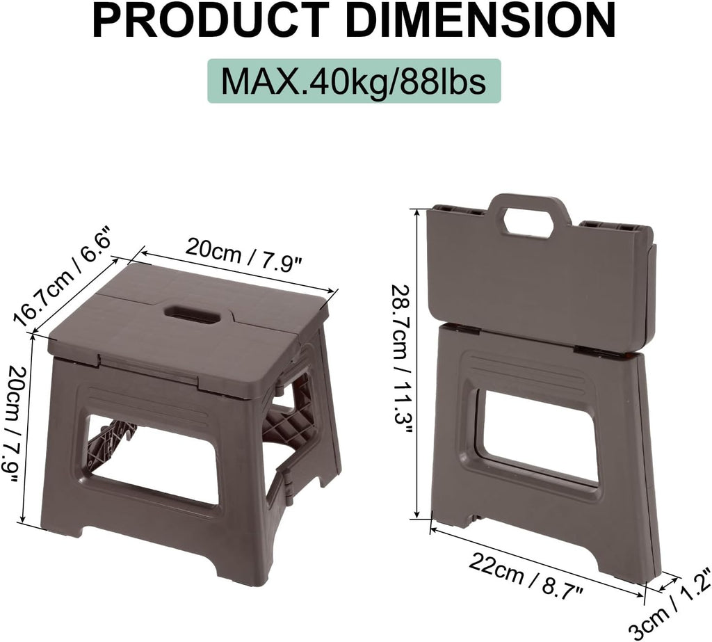 uxcell 8" Folding Step Stool for Adults 88 lbs Capacity Non-Slip Step Stool with Handle Collapsible Foot Stools, Brown Small Stepping Stool for Bathroom, Bedroom, Kitchen