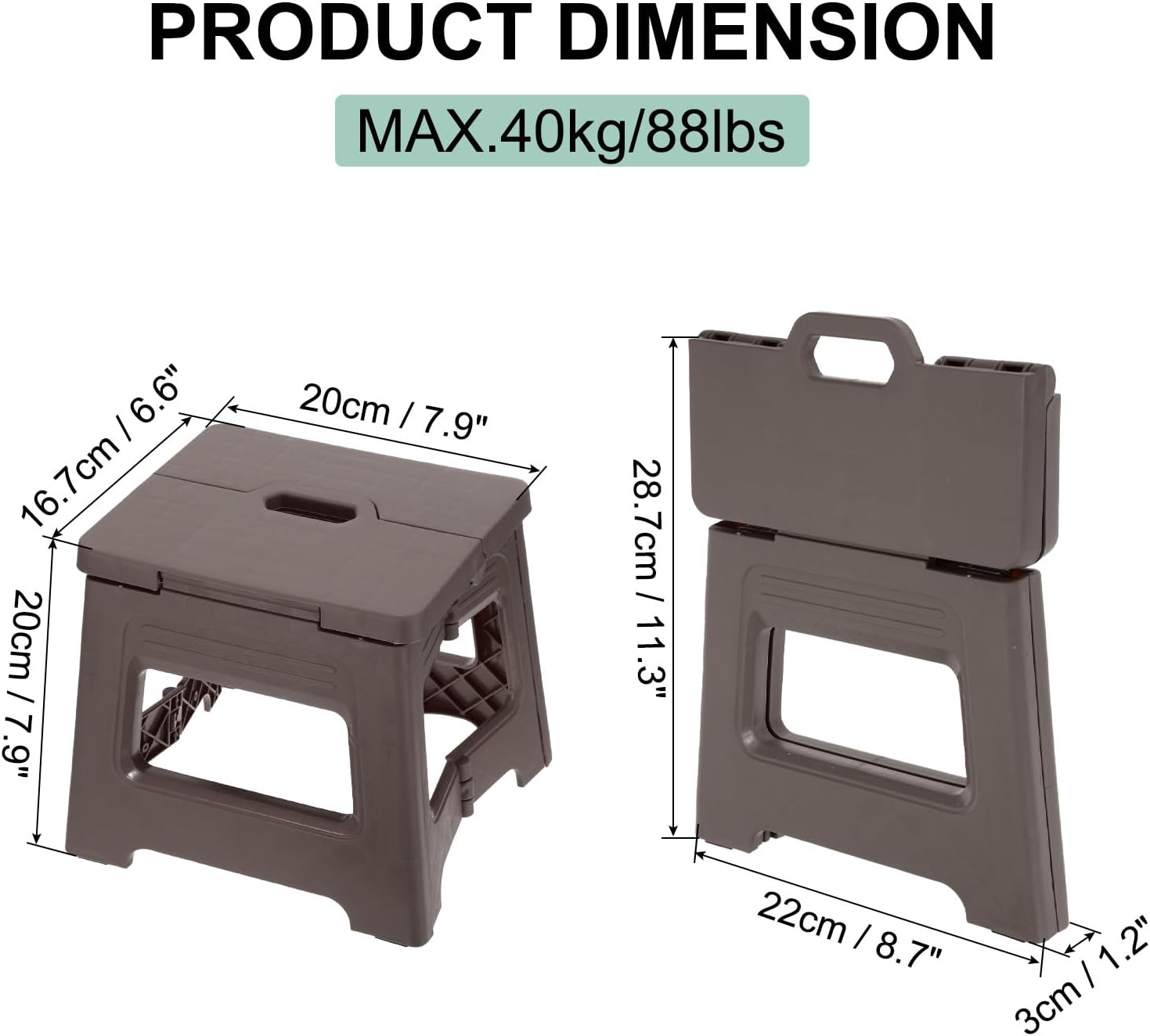 uxcell 8" Folding Step Stool for Adults 88 lbs Capacity Non-Slip Step Stool with Handle Collapsible Foot Stools, Brown Small Stepping Stool for Bathroom, Bedroom, Kitchen