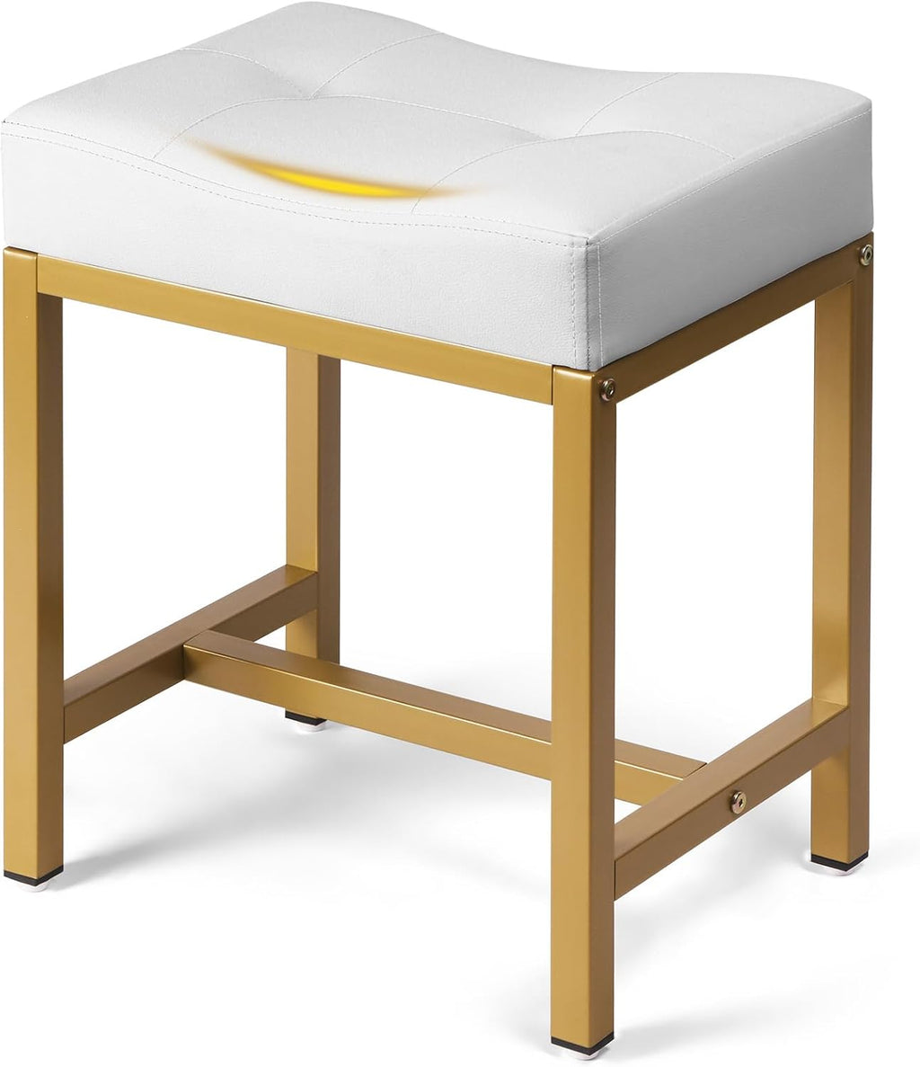 Saddle Seat Vanity Stool, Makeup Stool Chair with Metal Leg, U-Shaped PU Leather Ottoman Foot Rest, Small Square Chairs Under Desk for Vanity, Living Room, Modern Makeup Bench White&Gold