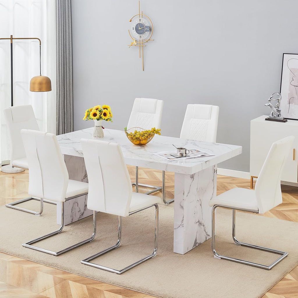 gopop 7 Piece Dining Table Set, Marble Dining Table Set for 6, 63" White Marble Pattern MDF Tabletop and Legs, 6 Leather Kitchen Chairs with Chrome Plated Metal Legs for Kitchen