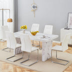 gopop 7 Piece Dining Table Set, Marble Dining Table Set for 6, 63" White Marble Pattern MDF Tabletop and Legs, 6 Leather Kitchen Chairs with Chrome Plated Metal Legs for Kitchen