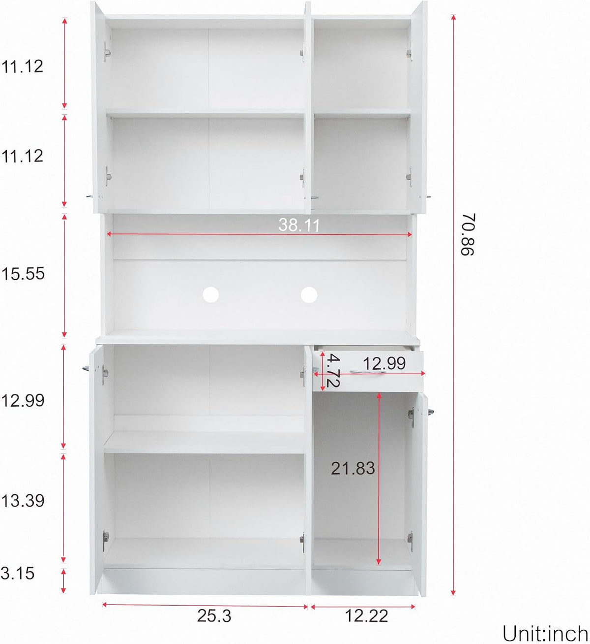 70.87" Tall Kitchen Pantry Storage Cabinet, Freestanding Wood Hutch with 6 Doors, 1 Drawer, with Countertop,Microwave Stand & Food Cupboard, Coffee Bar Organizer for Dining Room,White