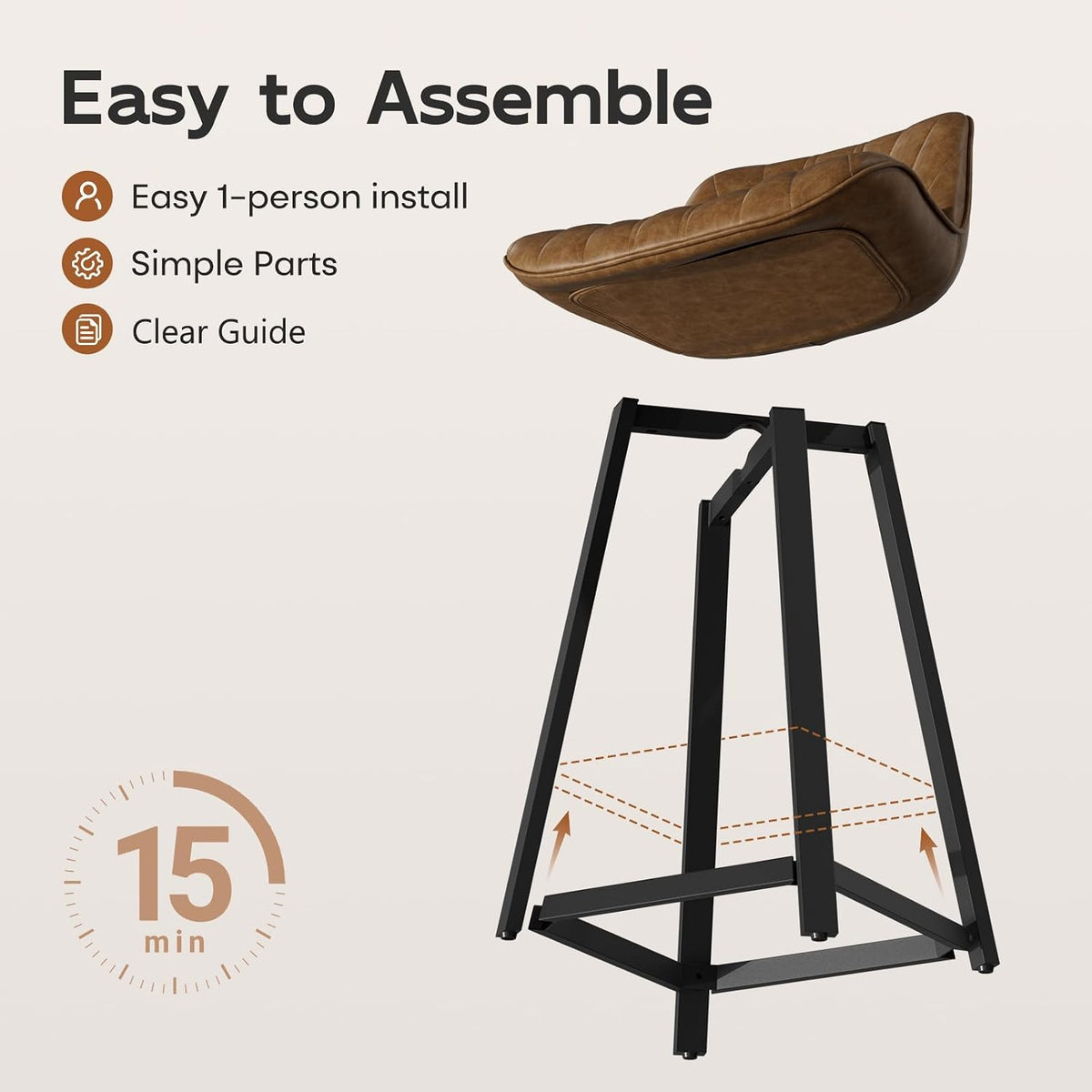 26" Brown Counter Height Bar Stools Set of 4, for Kitchen Island | Curved Seat with Back, Diamond Quilted Vintage Leather, 350lbs Stable Metal legs with Footrest & Anti-slip Mat, Easy Assembly