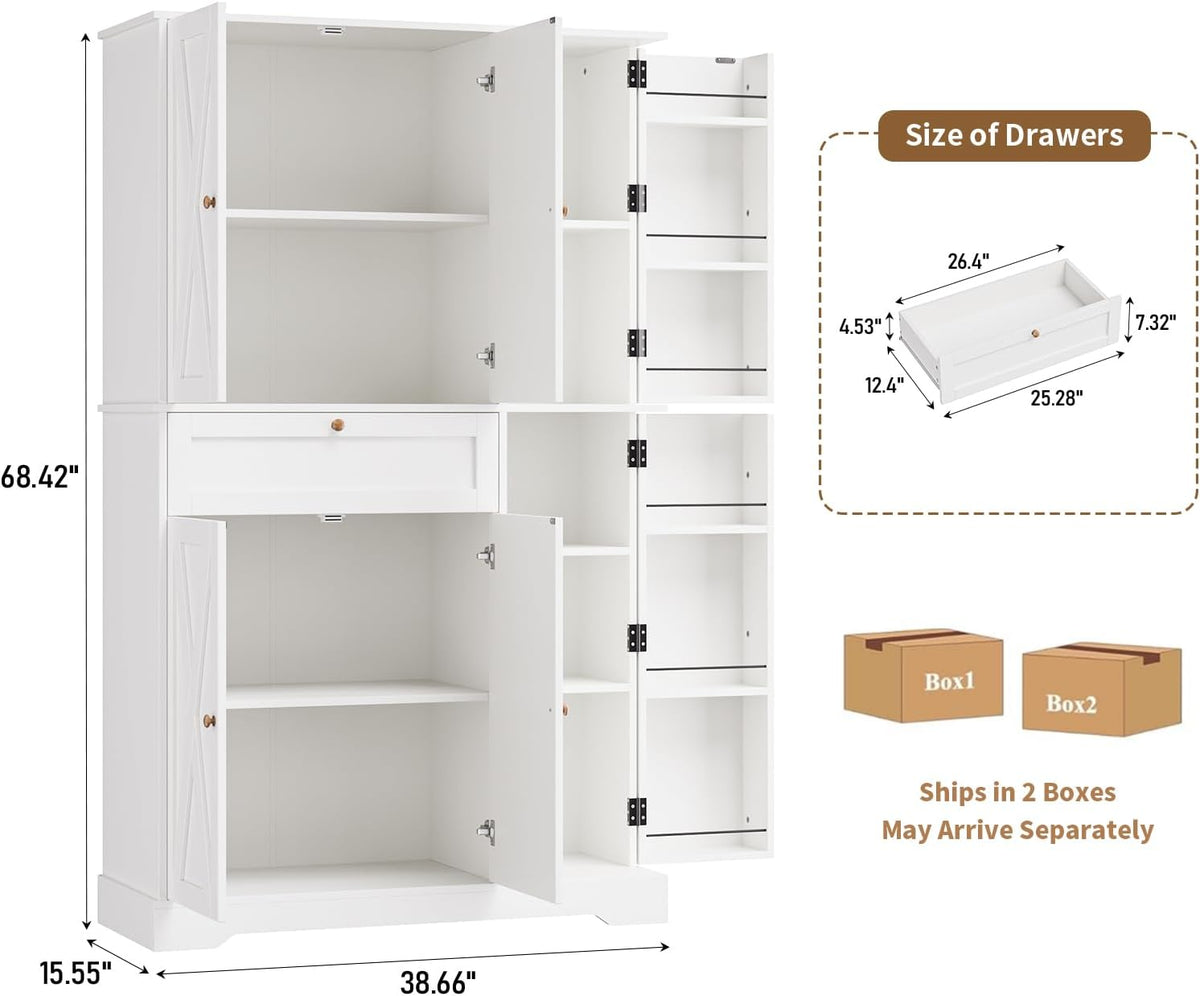 68" Tall Kitchen Pantry Stoarge Cabinet, Freestanding Kitchen Hutch with 6 Door Shelves & Large Drawer, Modern Food Pantry with Adjustable Shelf for Dining Room, Living Room, White