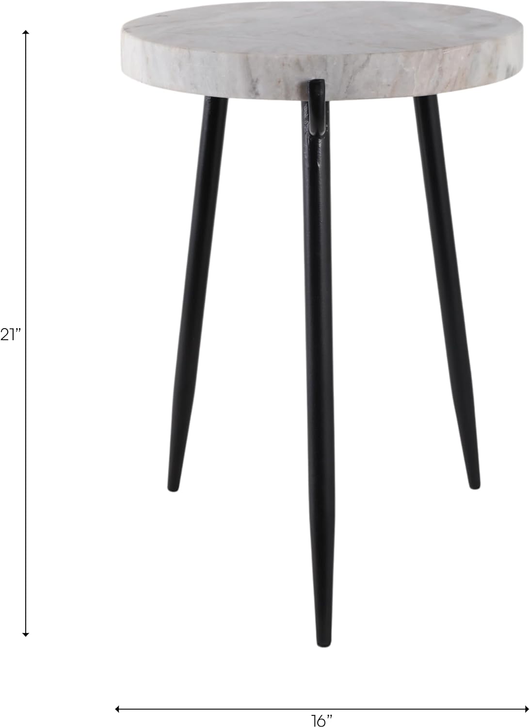 Classy Side Table, End Table, or Small Night Stand - Marble Accent Table with Three Slim Metal Legs Ideal for Small Spaces - Sleek Design for Home, Bedroom, and Living Room Decor - 21" White & Black