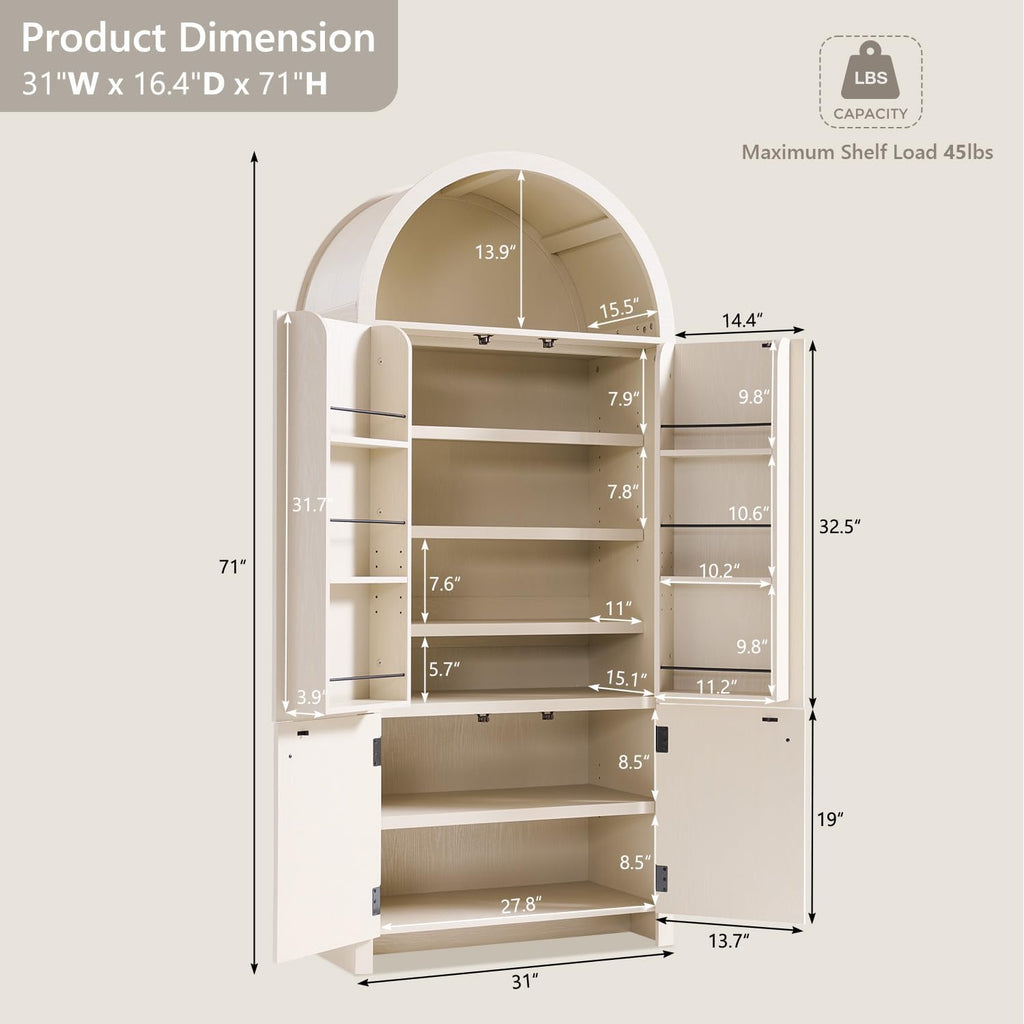 IFGET 71" Tall Arched Kitchen Pantry, Modern Fluted Wood Storage Cabinet with Doors, 3 Adjustable Shelves, 6 Door Shelves, Organizer, Versatile Cupboard for Kitchen, Bathroom, Cream