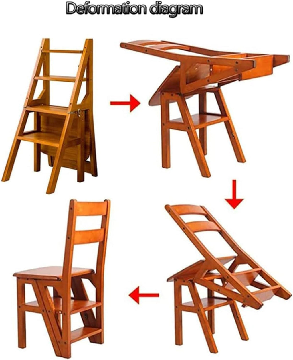 4 Tier Folding Step Ladder, 3-in-1 Wooden Folding Ladder Chair, Portable Multi-Function Step Stool, 198 lbs Capacity Indoor and Outdoor Display Rack Flower Rack,for Library,Home,Kitchen (Light Walnut)