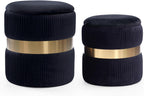 Round Velvet Storage Ottoman with Removable Lid Set of 2, Upholstered Footrest Stool with Gold Metal Hoop, Side Table Seat for Living Room, Makeup Vanity Stool for Bedroom (Pleated-Black)