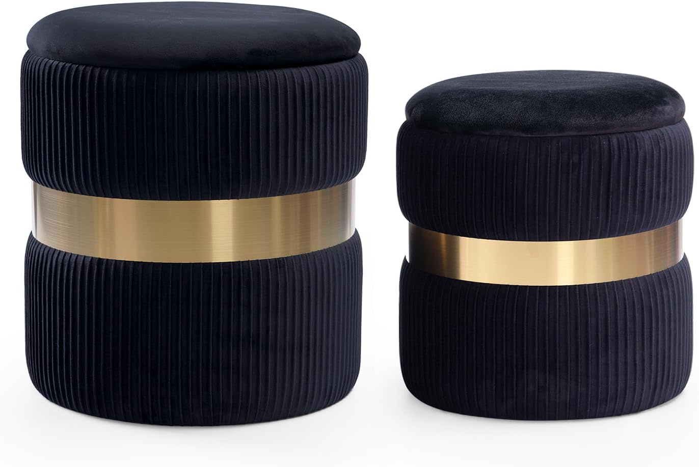 Round Velvet Storage Ottoman with Removable Lid Set of 2, Upholstered Footrest Stool with Gold Metal Hoop, Side Table Seat for Living Room, Makeup Vanity Stool for Bedroom (Pleated-Black)