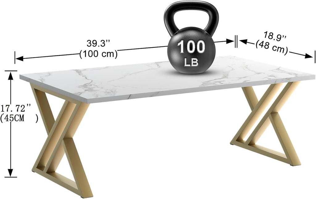 Wolawu Coffee Table Living Room Table White Center Table, Modern Faux Marble Rectangular Tea Tables with Sturdy Gold Metal Frame,Industrial Wooden Coffee Table for Bedroom Home Office