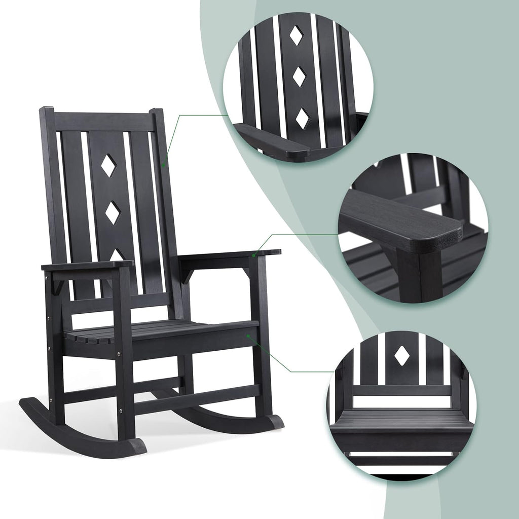 Outdoor Rocking Chair, Oversized Rocking Chair for Adults, All Weather Resistant Porch Rocker for Lawn Garden, 350lbs Weight Capacity - Black