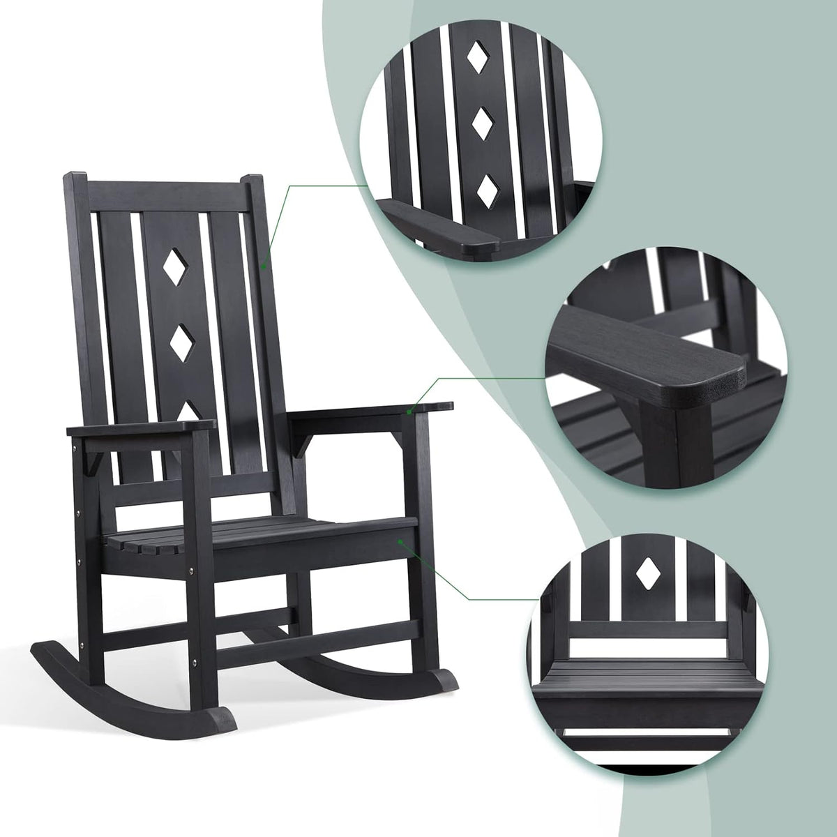 Outdoor Rocking Chair, Oversized Rocking Chair for Adults, All Weather Resistant Porch Rocker for Lawn Garden, 350lbs Weight Capacity - Black