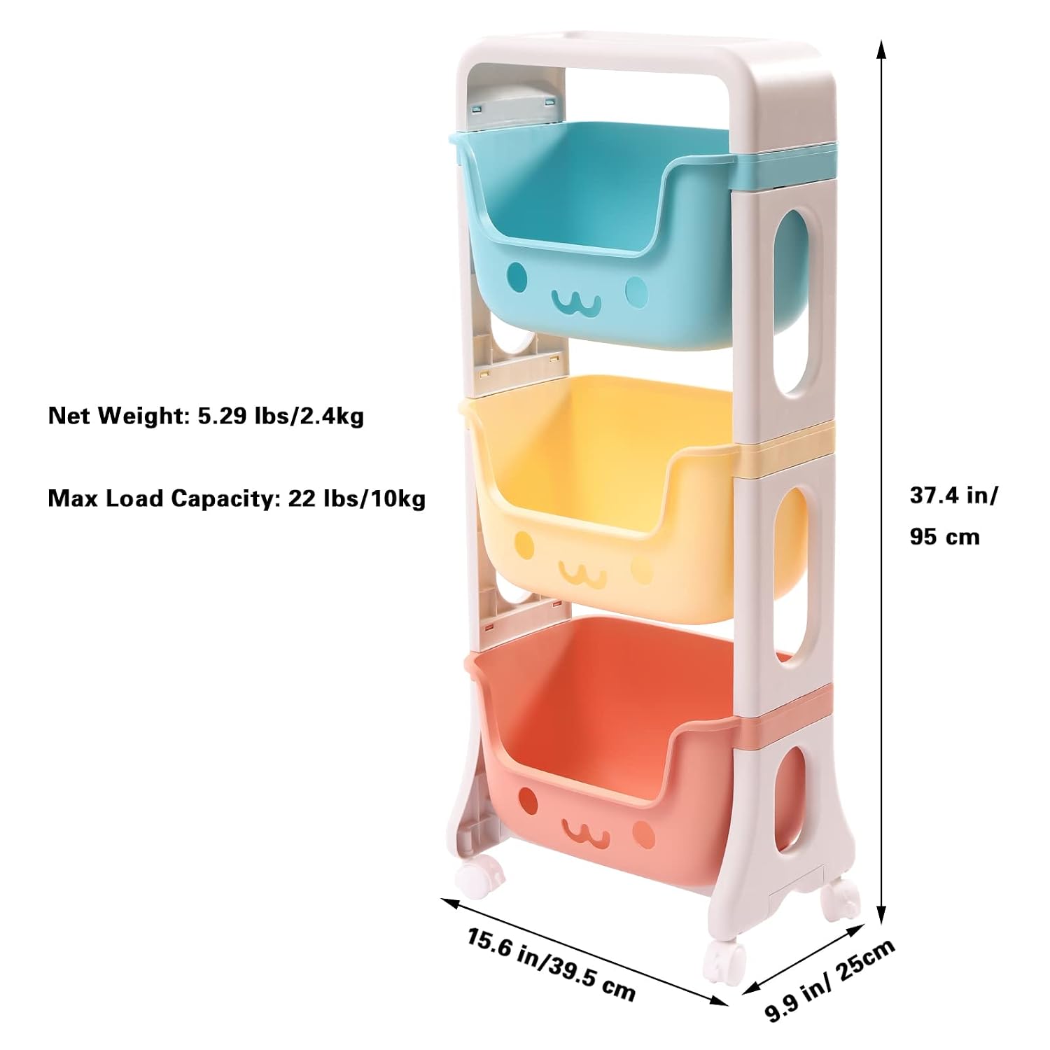 Kids Toy Storage Organizer, Multicolor, 3-Tier Rolling Cart | Children Playroom Decor, Doll Activity Rack Shelf, Plastic Bins Box, Universal Wheels