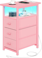 Yoobure End Table with Charging Station, Pink Narrow Nightstand LED Bedside Table, Small Night Stand End Tables Living Room, Skinny Nightstand with 3 Fabric Drawers, Side Table for Small Spaces
