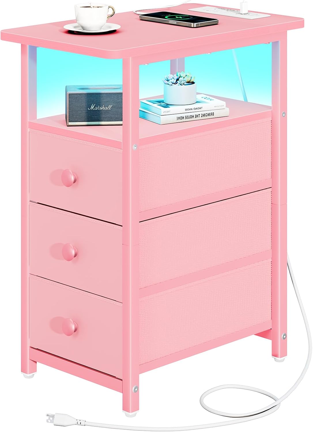 Yoobure End Table with Charging Station, Pink Narrow Nightstand LED Bedside Table, Small Night Stand End Tables Living Room, Skinny Nightstand with 3 Fabric Drawers, Side Table for Small Spaces