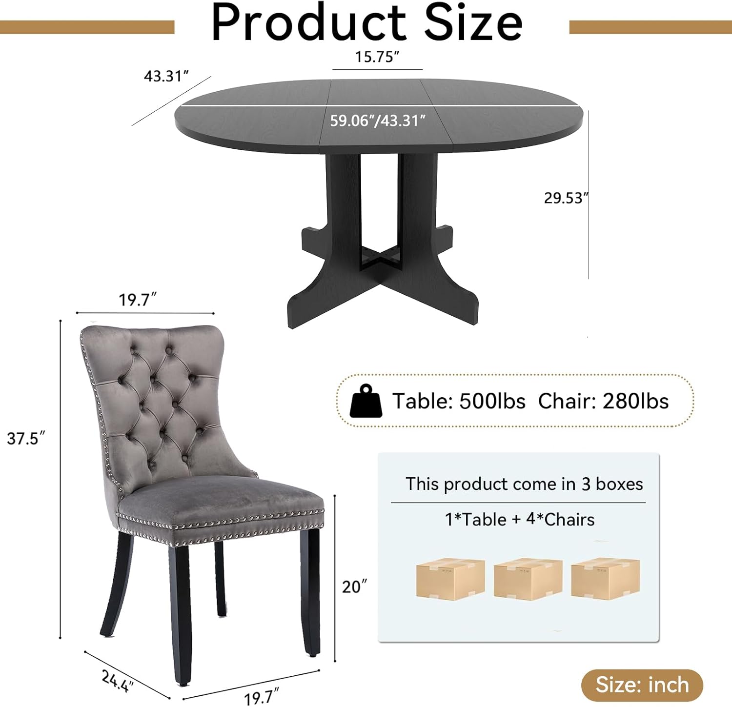Henf 5 Piece Round Extendable Dining Table Set for 4, 43"-59" Wood Oval Expanding Kitchen Table with 4 Chairs, Space Saving Extendable Dining Room Tables with Pedestal Base (Black & Gray)