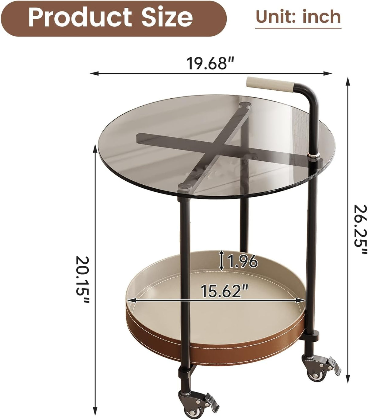 Sofa Side Table, 2-Tier Metal Frame Glass Top End Table on Wheels, Round Beside Tables with Storage Basket and Handle, Space Saving & Easy Assmable