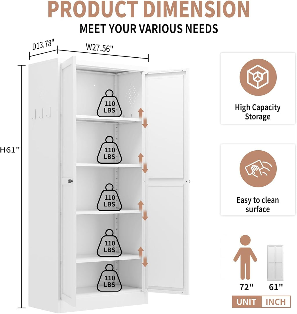 White Metal Kitchen Pantry Cabinet, Adjustable Shelves Storage Cabinet with Silent Magnetic Door, Freestanding Storage Cabinet for Small Kitchen Living Room Pantry, 27.6x13.8x72 Inches