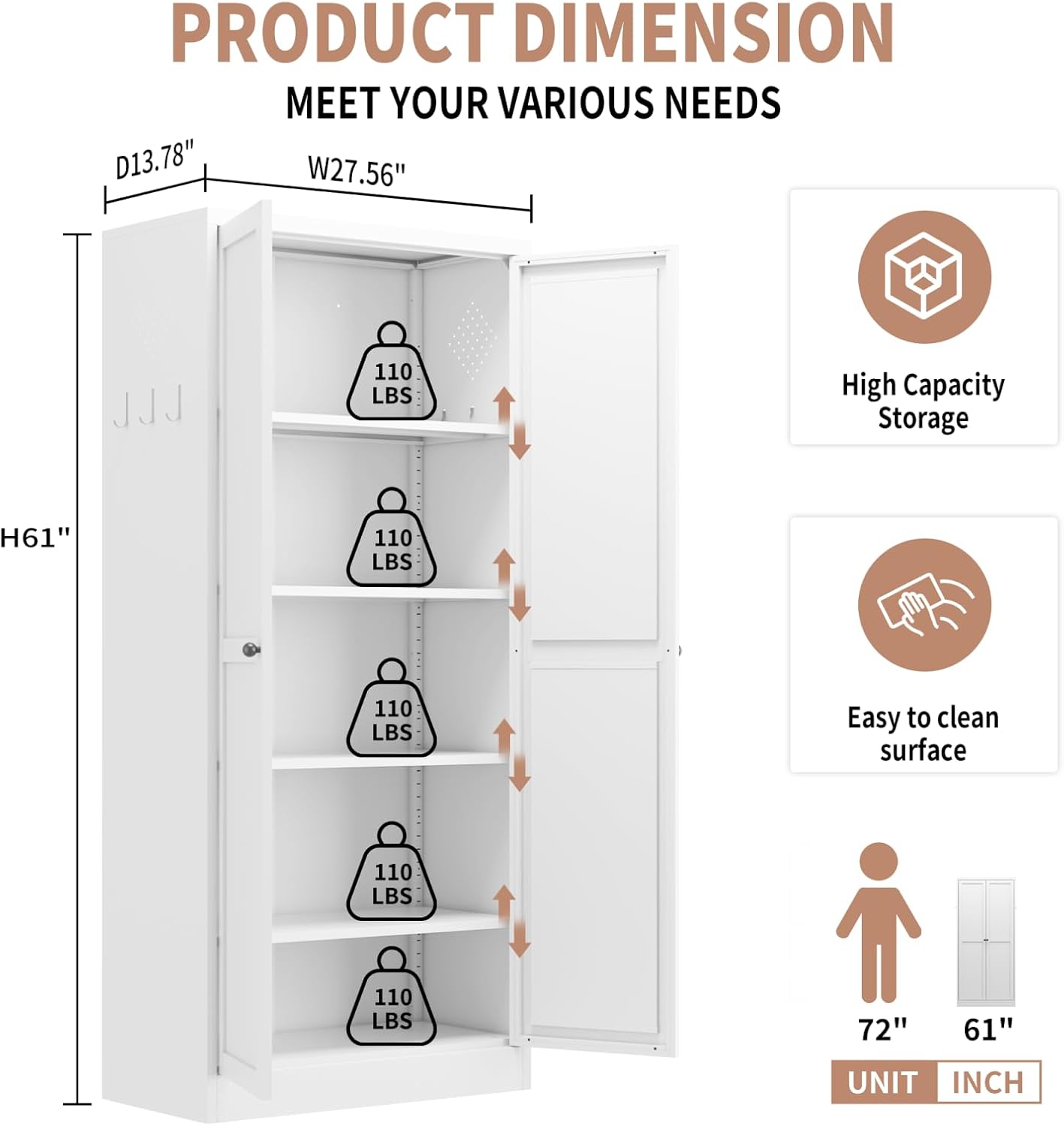 White Kitchen Pantry Cabinet, Freestanding Storage Cabinet with 5 Adjustable Shelves & Glass Doors, Magnetic Closure, for Small Kitchen Pantry Living Room Bathroom, 27.6x13.8x72 Inches
