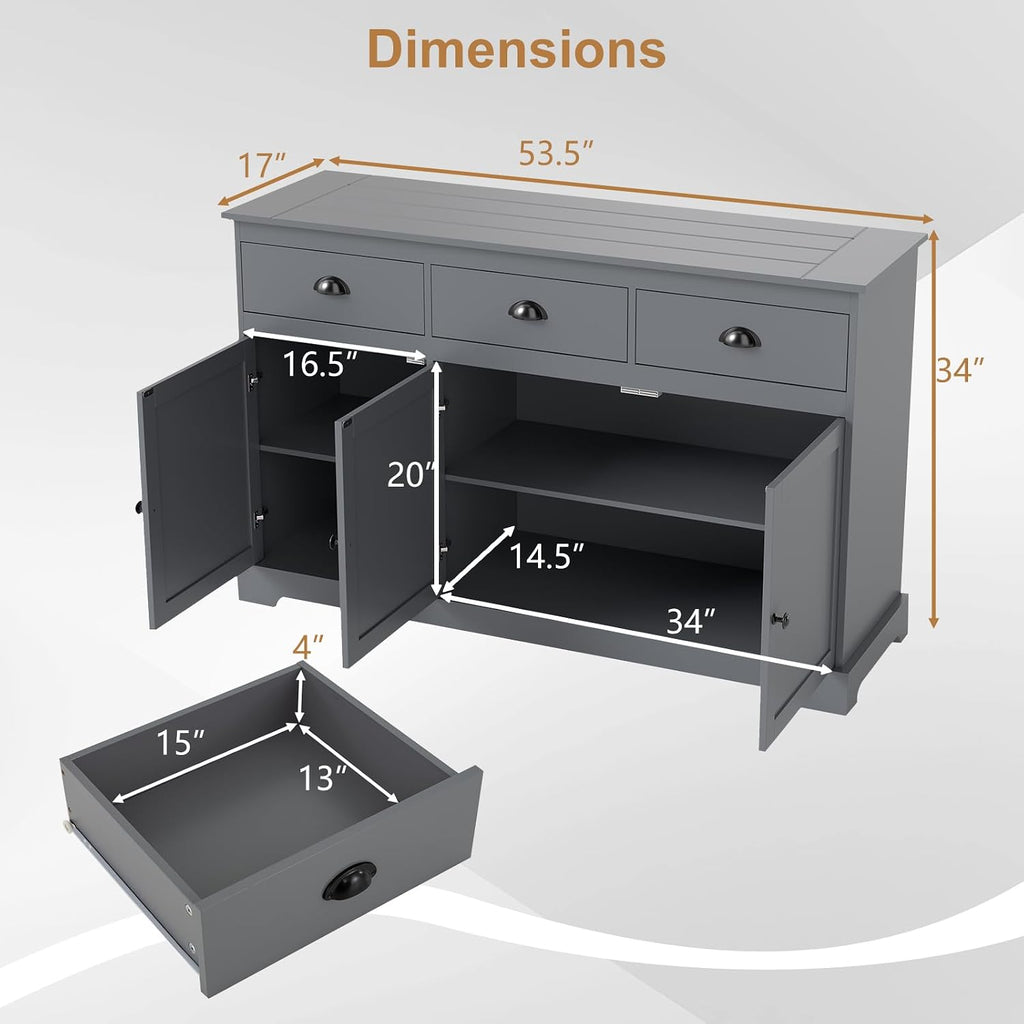 Sideboard Buffet Cabinet with Storage, 53.5” Large Kitchen Cupboard with 3 Drawers, Adjustable Shelf, Credenzas for Living Room, Wooden Coffee Bar Console Table for Dining Room (Grey)