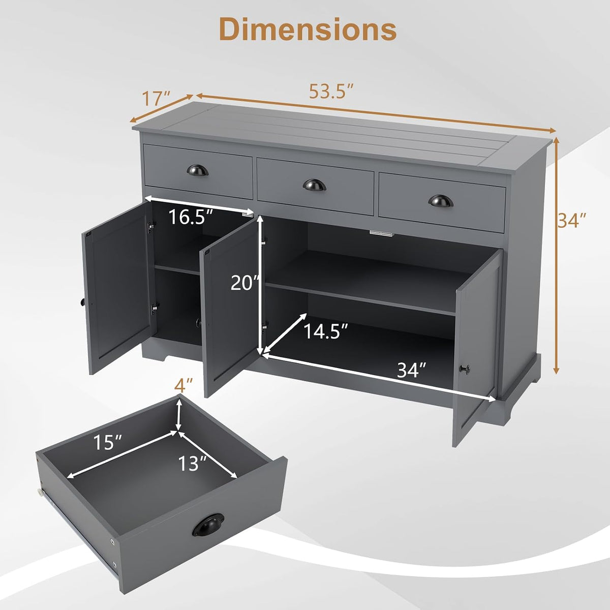 Sideboard Buffet Cabinet with Storage, 53.5” Large Kitchen Cupboard with 3 Drawers, Adjustable Shelf, Credenzas for Living Room, Wooden Coffee Bar Console Table for Dining Room (Grey)