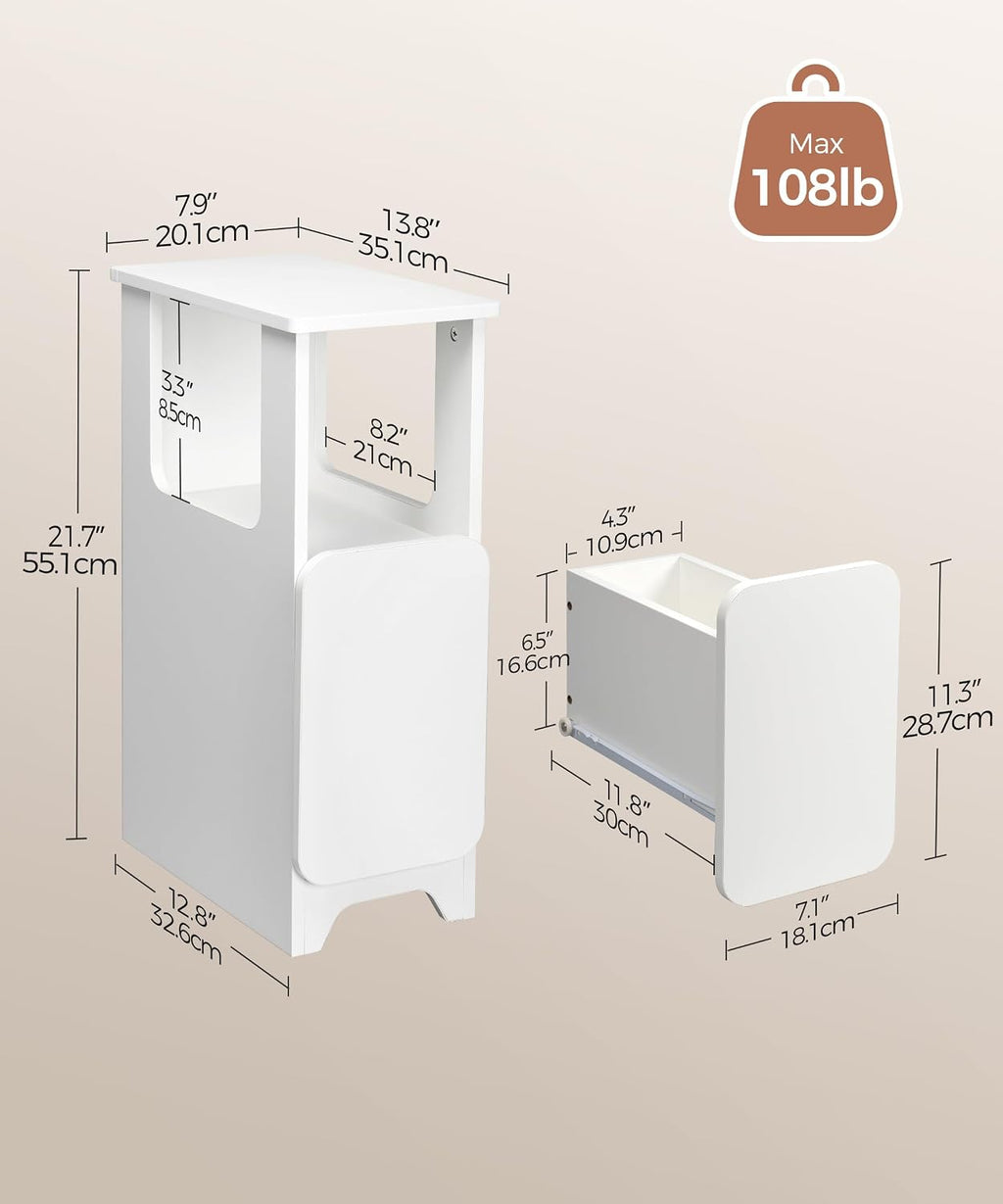 Afuly Narrow Side Table Small End Tables Living Room, Skinny Slim White Modern Table for Couch Sofa Organiser Storage with Drawers, Thin Nightstand Cute Simple Aesthetic Bedside Table for Bedroom