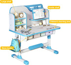 Kids Desk and Chair Set | Adjustable Study Table with Bookshelf & Drawer, Astronaut Theme for Boys and Girls, Ages 3-18 (Pink/Blue) (Blue)