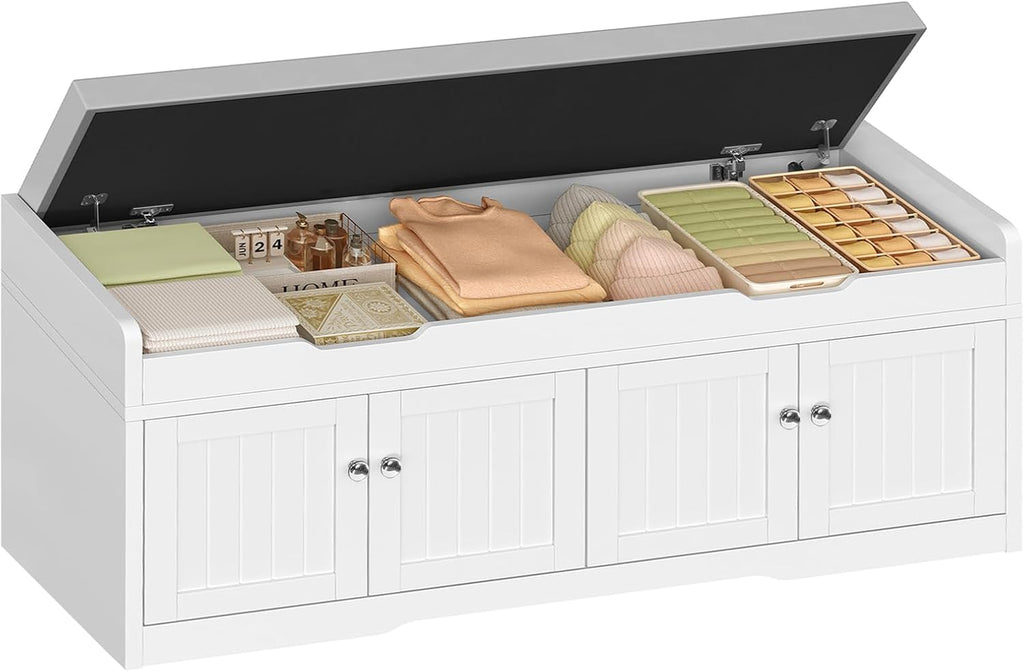 3-Tier Storage Bench, 47.2" Wide Shoe Bench with Lift Top Storage & 2 Adjustable Shelves, Entryway Bench with Padded Seat Cushion, Shoe Cabinet Bench for Entryway, Living Room, Bedroom (White)