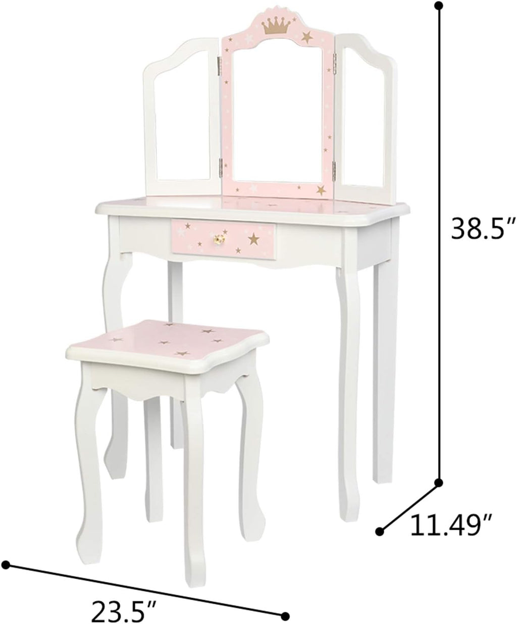 NC Pink Kids Vanity Set Wood Makeup Table and Chair Set for Little Girls Princess Child Vanity Desk Tri-Fold Mirror Dressing Table with Drawer (Pink Star Style)