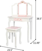 NC Pink Kids Vanity Set Wood Makeup Table and Chair Set for Little Girls Princess Child Vanity Desk Tri-Fold Mirror Dressing Table with Drawer (Pink Star Style)
