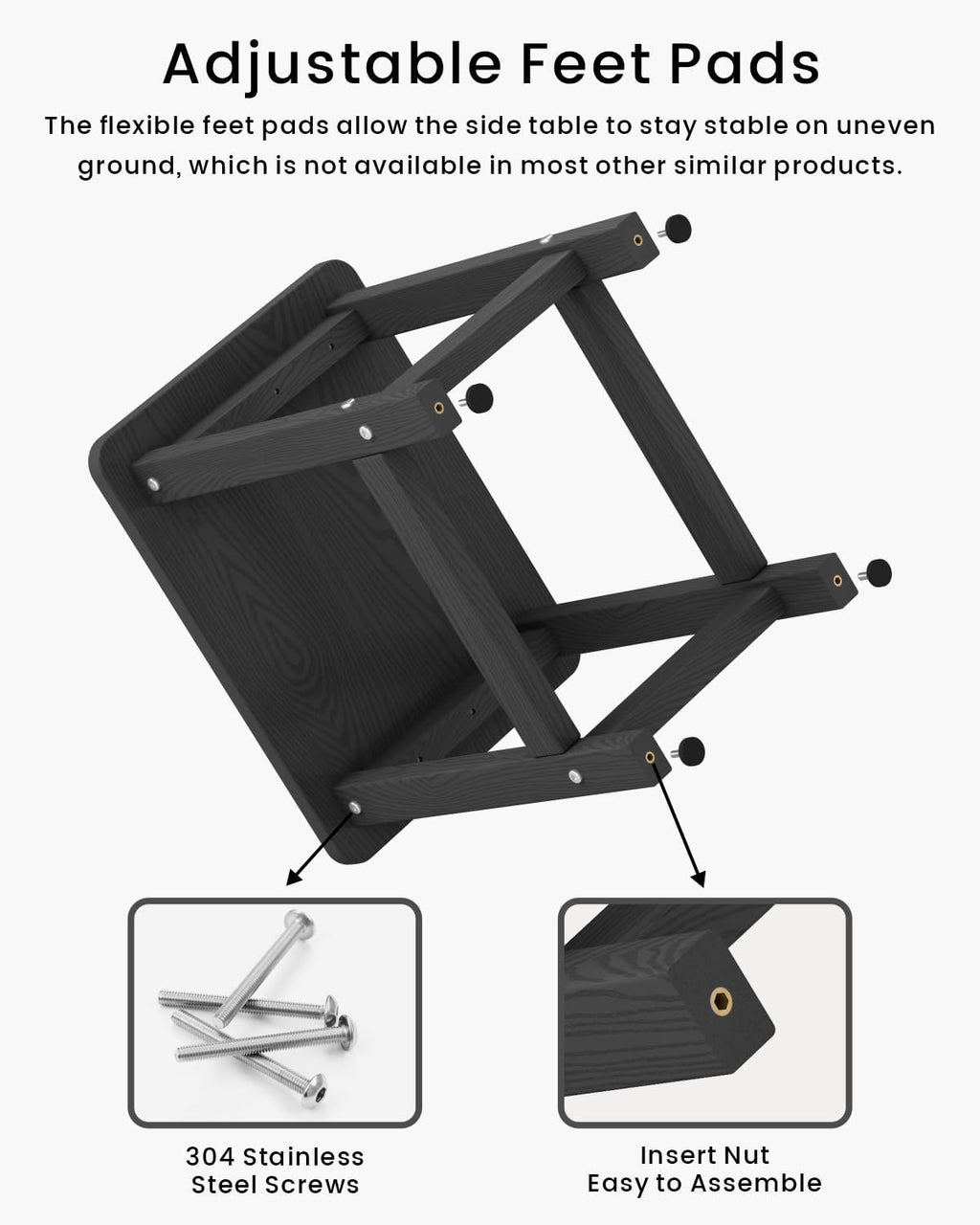 Weatherproof Outdoor Side Table, HDPE Small Outdoor Table for Adirondack, 16.6-Inch Patio Square End Tables for Garden, Backyard, Porch, Deck, Balcony, Poolside (Black)