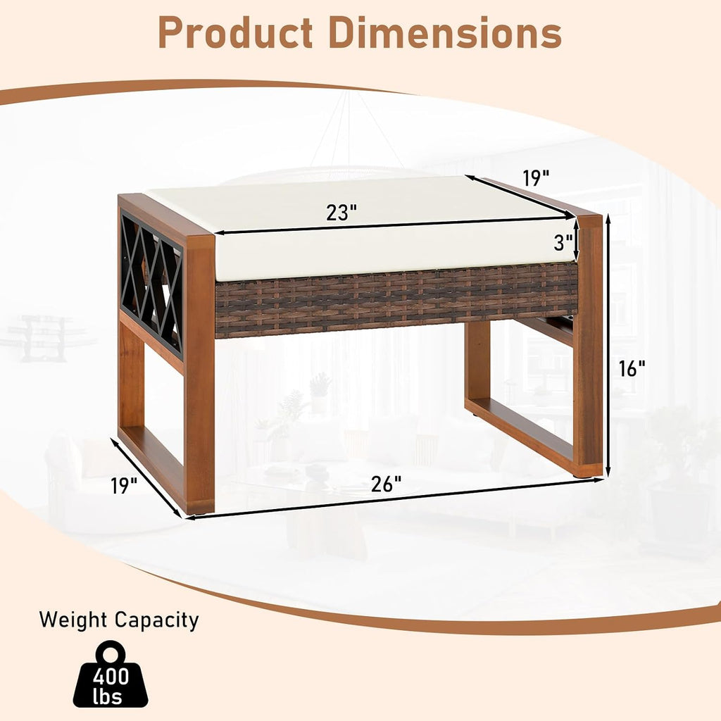 Tangkula Rattan Wicker Outdoor Ottoman Set of 2, Patio 3-in-1 Footstools with Removable Cushions, Additional Seating and Side Tables for Porch, Backyard & Poolside (Off White)