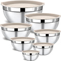 Mixing Bowls with Lids Set - 7 Piece Khaki Nesting Stainless Steel Mixing Bowls for Kitchen, Sizes 4.5, 4, 3.5, 2.1, 1.5, 1.1, 0.7 Qt for Baking, Cooking and Serving, Dishwasher Safe