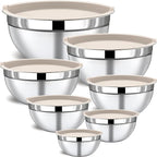 Mixing Bowls with Lids Set - 7 Piece Khaki Nesting Stainless Steel Mixing Bowls for Kitchen, Sizes 4.5, 4, 3.5, 2.1, 1.5, 1.1, 0.7 Qt for Baking, Cooking and Serving, Dishwasher Safe