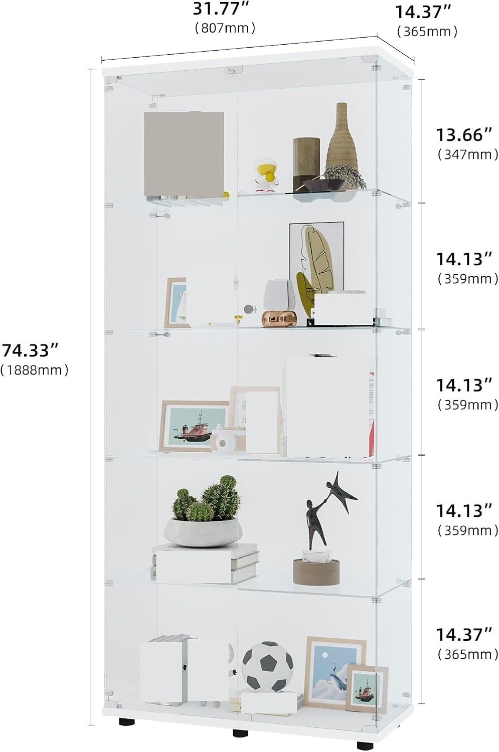 Glass Display Cabinet with 5 Shelves Double Door, Cabinets for Living Room, Bedroom, Office
