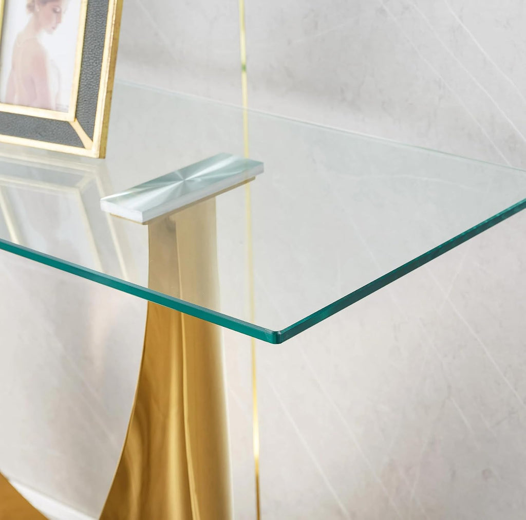 Luxury Gold Glass Console Table, Modern 47" Rectangle Entryway Table with Mirrored U-Shape Stainless Steel Base, Clear Glass Sofa Tables Behind The Couch Hallway Tables for Living Room