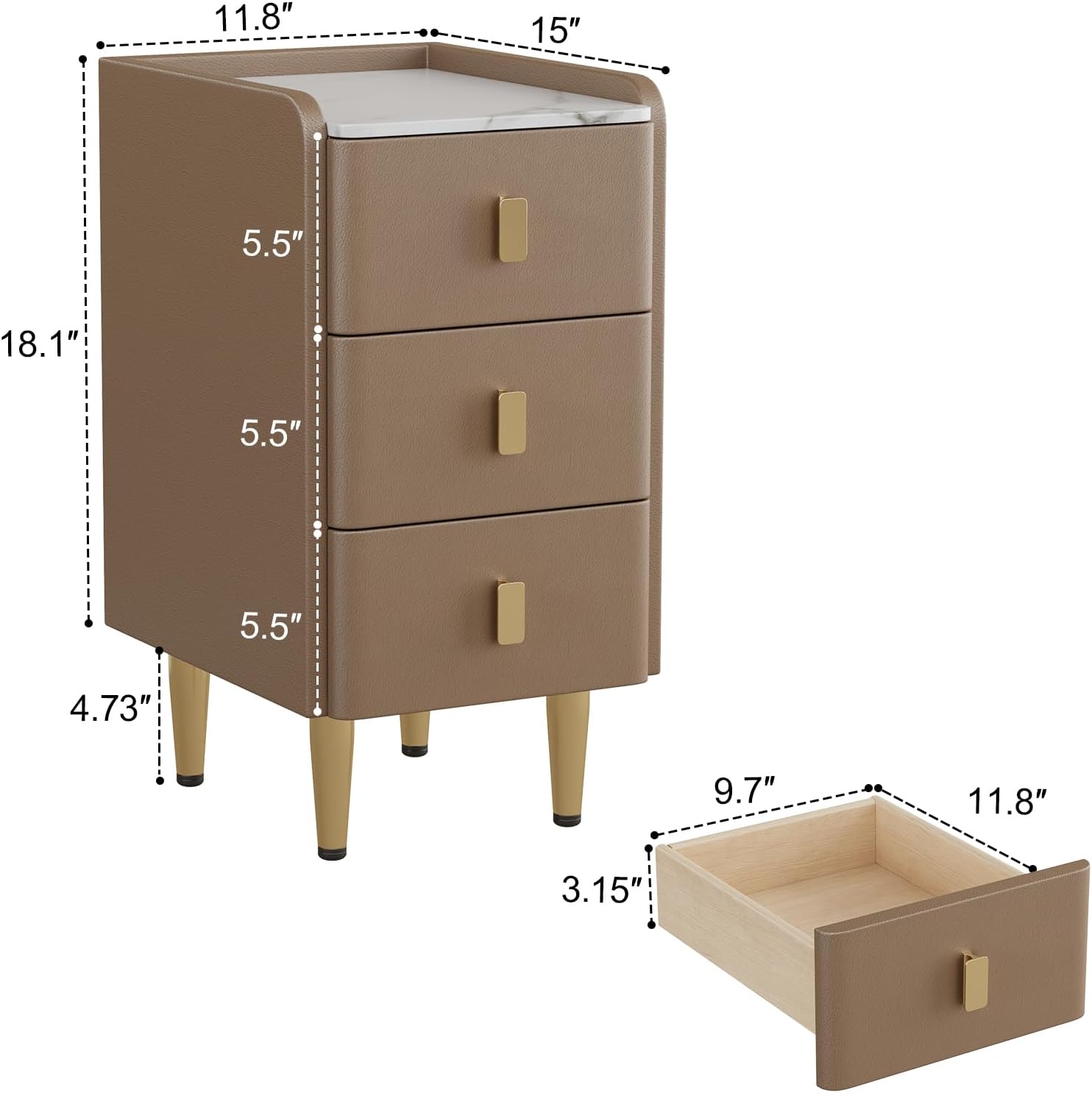AQIMUELE Narrow Nightstand with Drawers, Narrow Side Table Leather, Small Bedside Tables for Bedroom. (Beige)