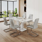 JUFU Dining Table Set for 6 with Chairs PU Upholstered, 63'' White Faux Marble Dining Room Table and Chairs, Modern Dining Room Table and Chairs Set of 6, Rectangle Dinner Table Set for Dining Room