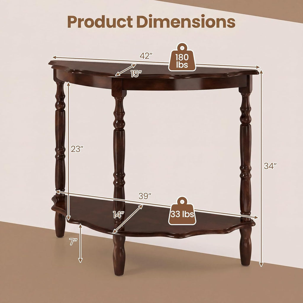 Giantex 42" Half Moon Console Table, 2-Tier Semi-Circle Entryway Table with Storage Shelf & Carved Rubber Wood Legs, Vintage Round Curved Sofa Tables for Living Room, Hallway, Entrance