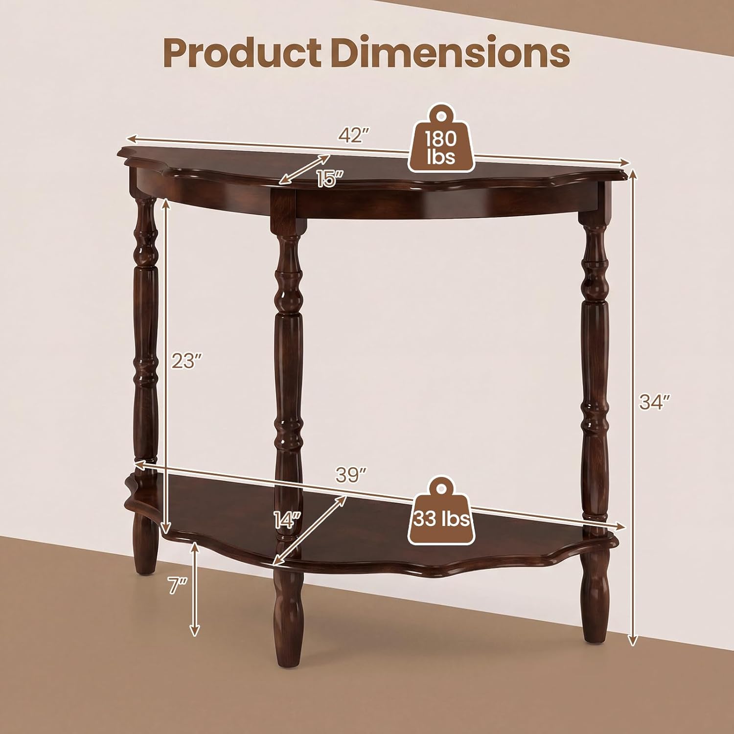 Giantex 42" Half Moon Console Table, 2-Tier Semi-Circle Entryway Table with Storage Shelf & Carved Rubber Wood Legs, Vintage Round Curved Sofa Tables for Living Room, Hallway, Entrance