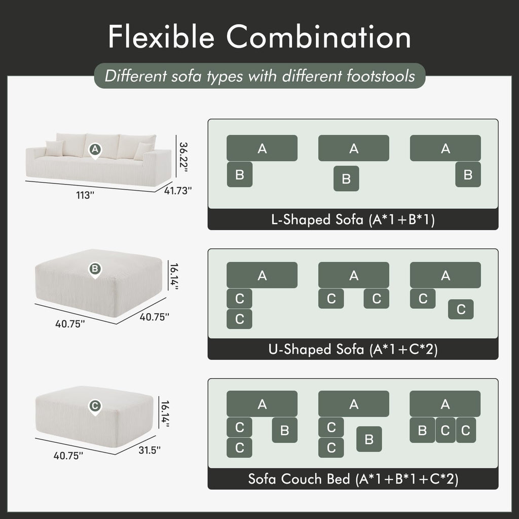 Gericco 113" Modular Sectional Couch, Cloud Sofa with Deep Seats, Upholstered Corduroy U-Shaped Sleeper Sofa with Chaise, 3-Seater Couches for Living Room, No Assembly Required, Beige