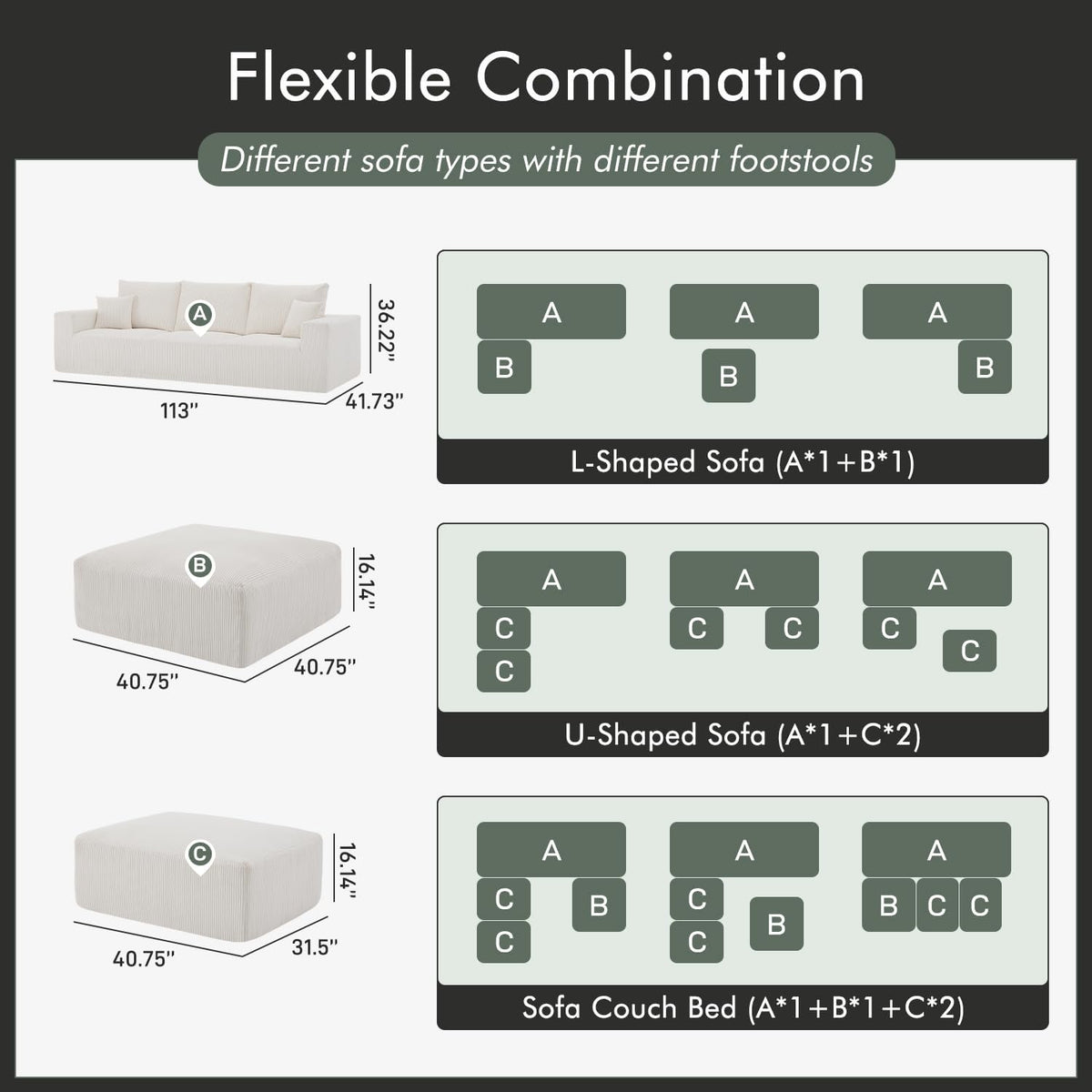 Gericco 113" Modular Sectional Couch, Cloud Sofa with Deep Seats, Upholstered Corduroy U-Shaped Sleeper Sofa with Chaise, 3-Seater Couches for Living Room, No Assembly Required, Beige