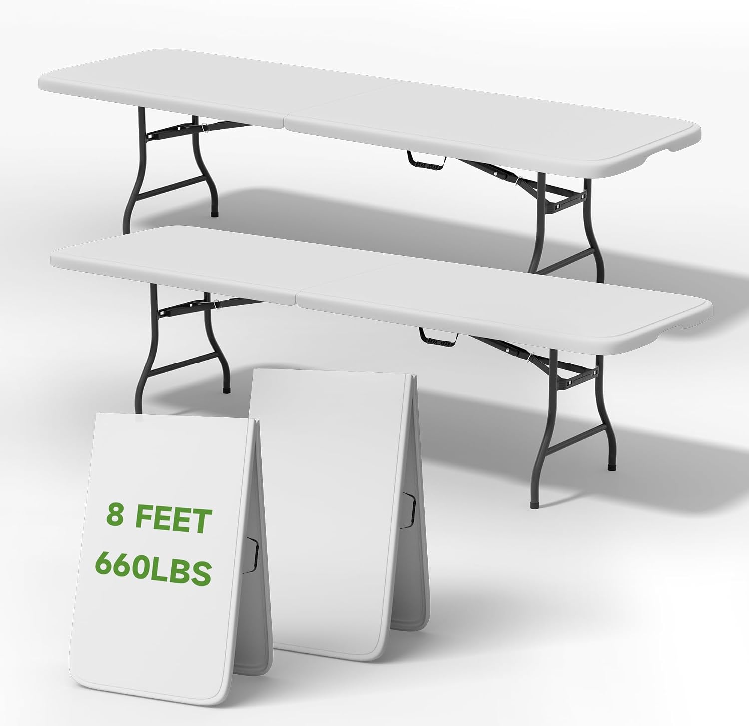 Folding Table 8 Foot - Heavy Duty 660LBS Capacity, Sturdy & Foldable Design with Safety Lock - Portable Tables Folding for Camping, Party, Indoor & Outdoor Use, 2 Pack