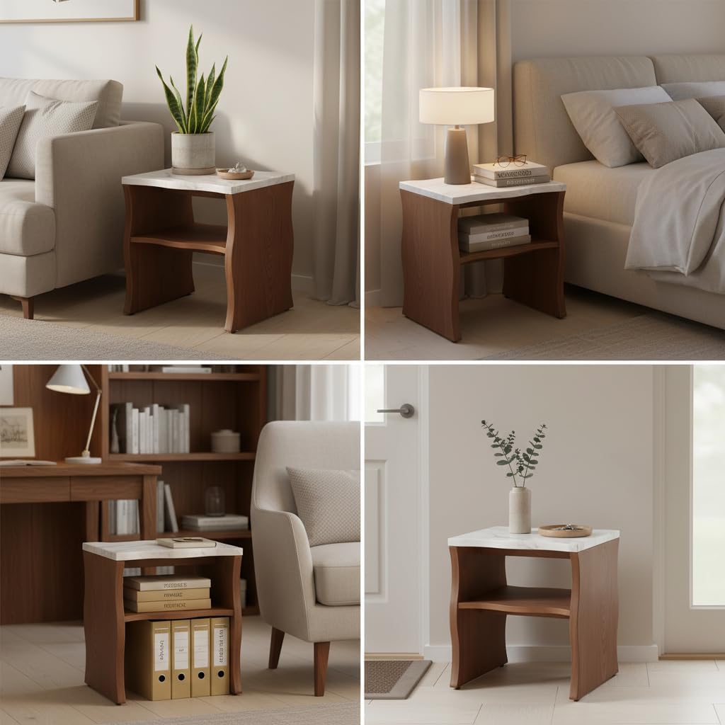Mid-Century Modern Side Table,17.72" Whisper of Waves Design End Table with White Marble-Pattern Tabletop Open Storage Shelf and Solid Wood Veneered Base Bedroom Nightstand End Table for Living Room